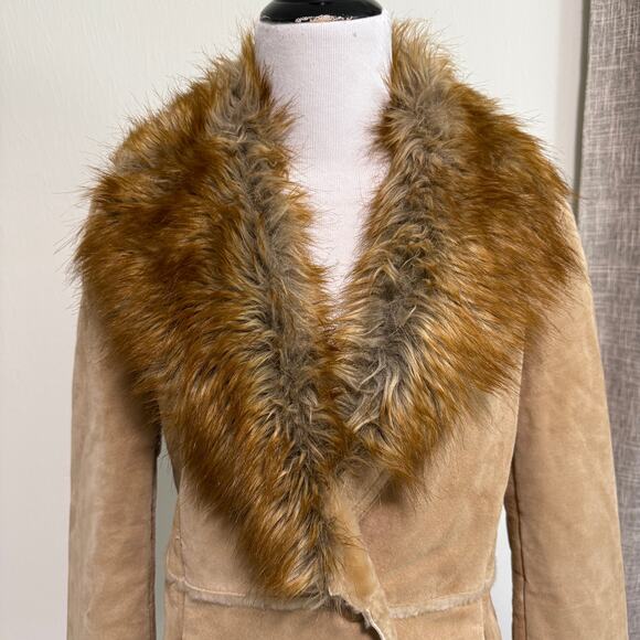 VTG Guess Womens Leather Coat Jacket Faux Fur Collar M Tan Y2K Indie Grunge 70s - Picture 7 of 16